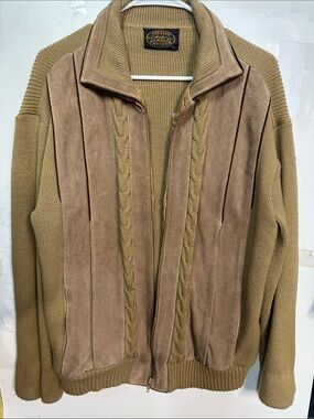 Weatherproof Olive tan Knit Sweater Jacket with Tan Suede Panels size XL